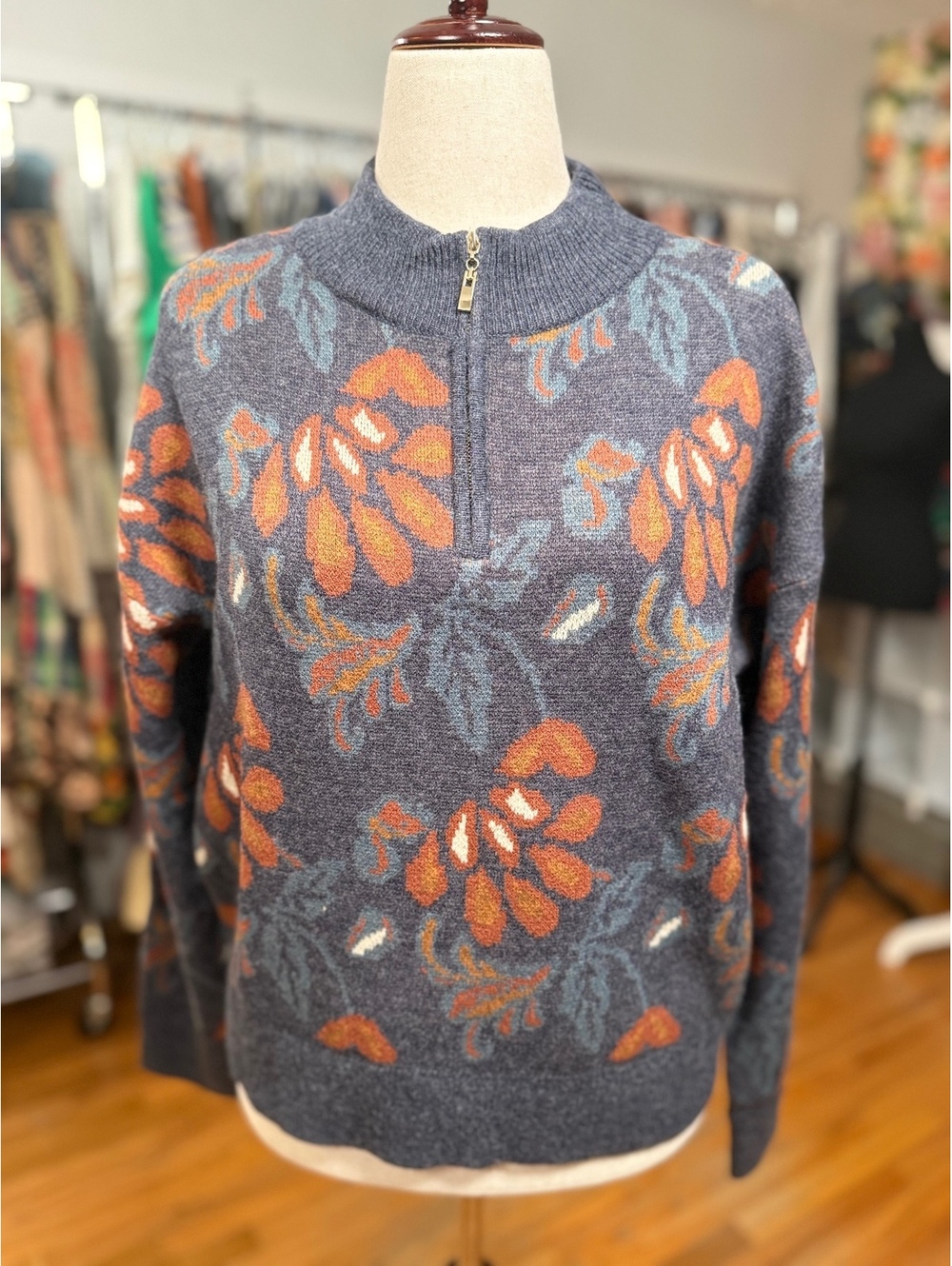 CURRENT AIR Floral Jacquard Half Zip Mock Neck Sweater Blue Rust NWT Large